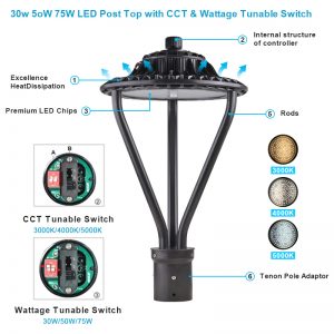 Usa Stock Free Shipping Power And Color Tunable 30w 50w 75w Led Post Top Light 3000k 4000k 5000k (8)